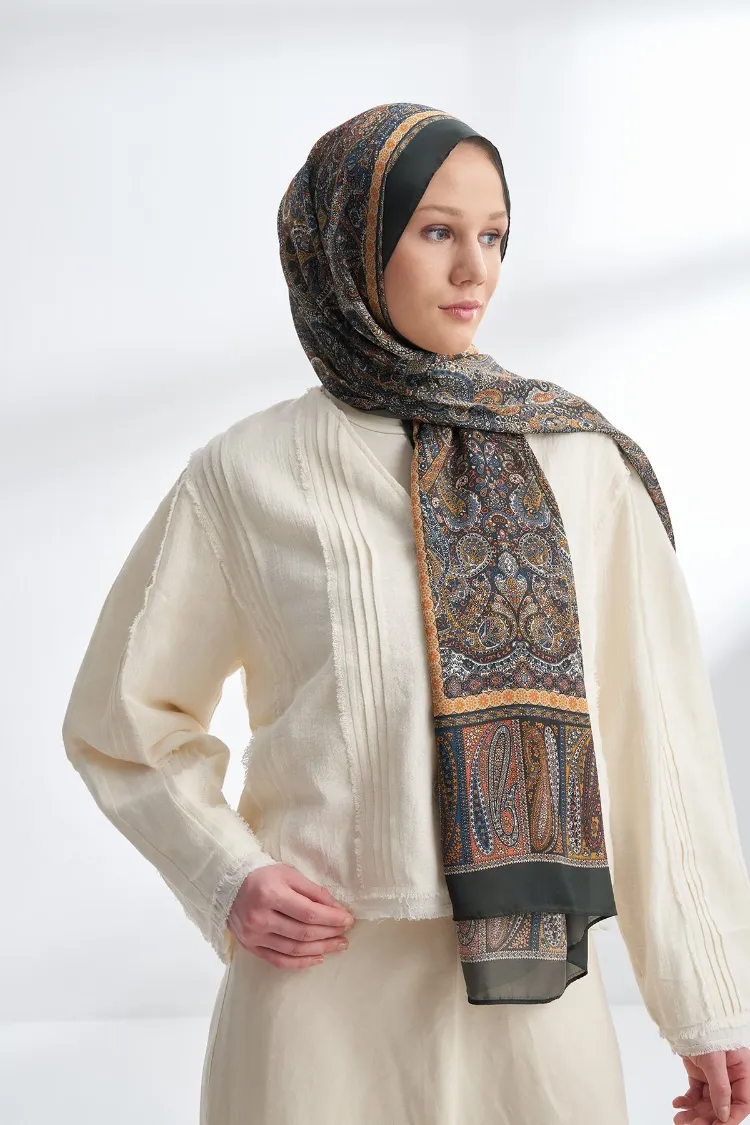 ARMANDA -6036 Etnik Desen Şal - Kaşmir Haki