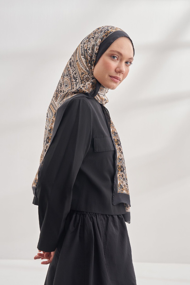ARMANDA - 6035 Pashmina Desen Şal - Siyah Bej