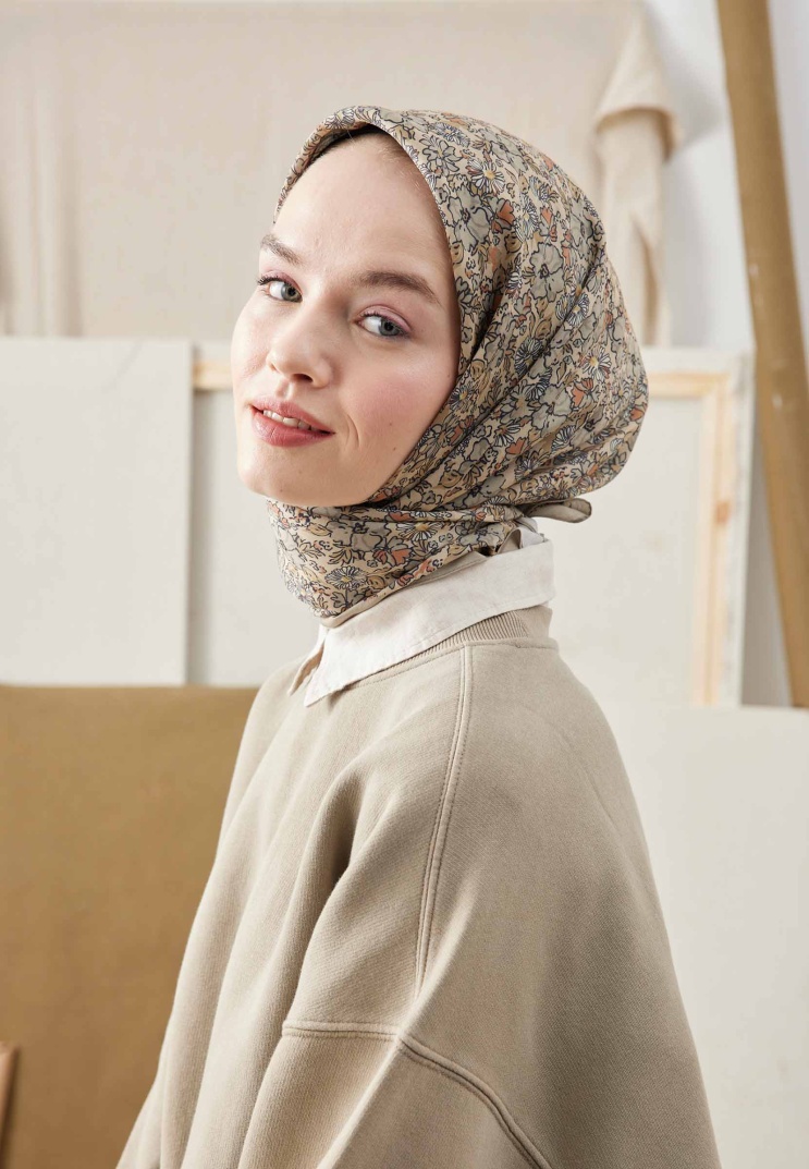 FRESH SCARFS - Blooming Garden Desen Pamuk İpek Eşarp - Bej