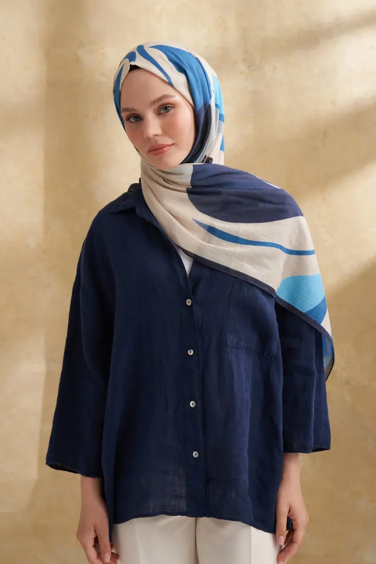 ARMANDA- 3383 İpek Pamuk Sarah Desen Şal - Bej İndigo