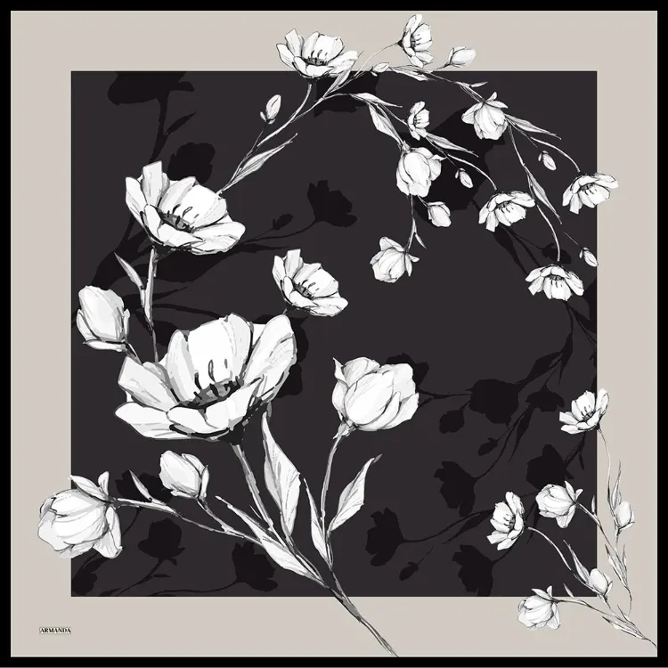 ARMANDA - 4333 Plumeria Desen Twill İpek Eşarp - Füme