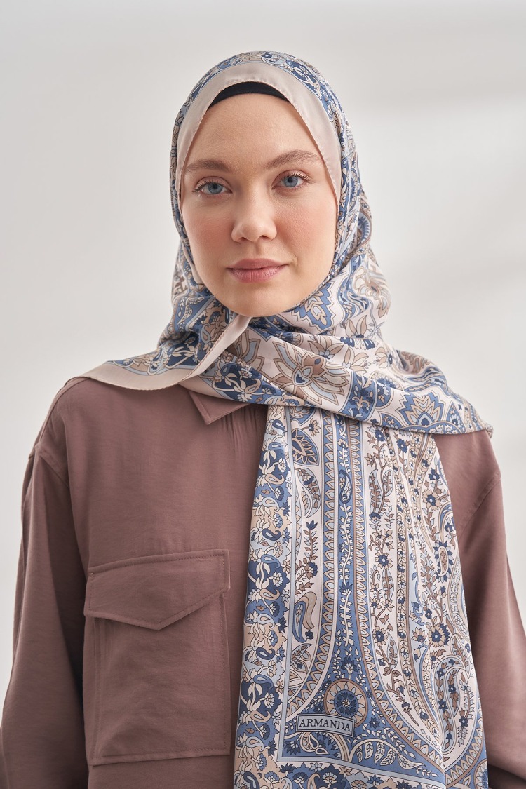 ARMANDA - 6035 Pashmina Desen Şal - Krem Mavi