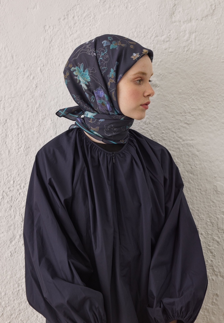 Fresh Scarfs - Delia Desen Pamuk İpek Eşarp - Lacivert