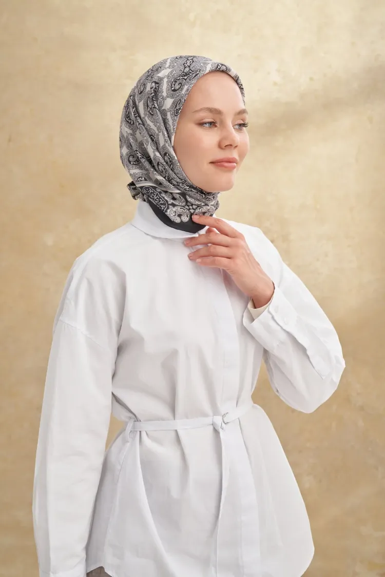 ARMANDA - 3151 Gaina Desen Eşarp - Siyah Gri