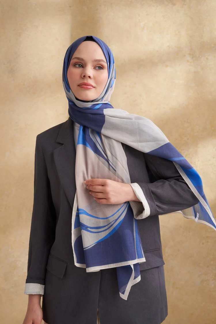 ARMANDA- 3383 İpek Pamuk Sarah Desen Şal - Taş Lacivert