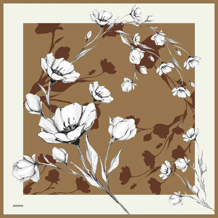 ARMANDA - 4333 Plumeria Desen Twill İpek Eşarp - Kahve