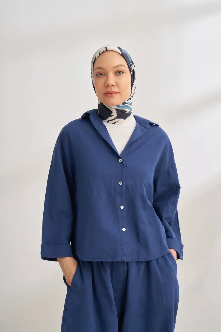ARMANDA - 4351 Dahlia Desen Twill İpek Eşarp - Lacivert