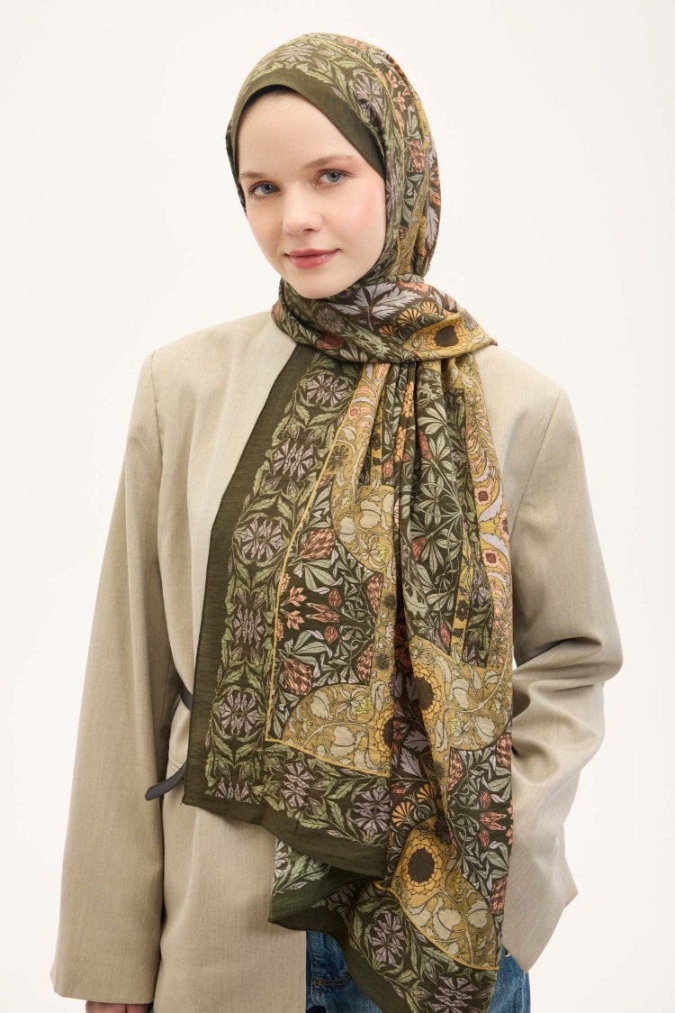 SİLK HOME - Urban Hours Floral Motif Desen Asker Yeşili Mayda Şal 190x70