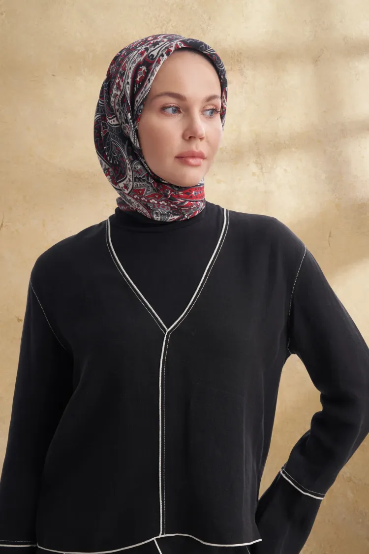 ARMANDA - 3153 Bahia Desen Eşarp - Siyah Kırmızı