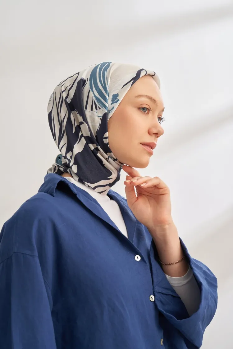 ARMANDA - 4351 Dahlia Desen Twill İpek Eşarp - Lacivert