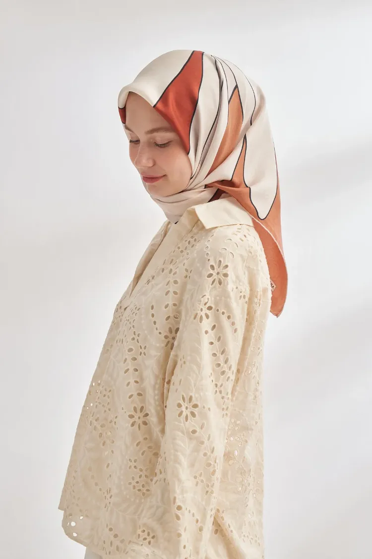 ARMANDA - 4355 İnaya Desen Twill İpek Eşarp - Kiremit