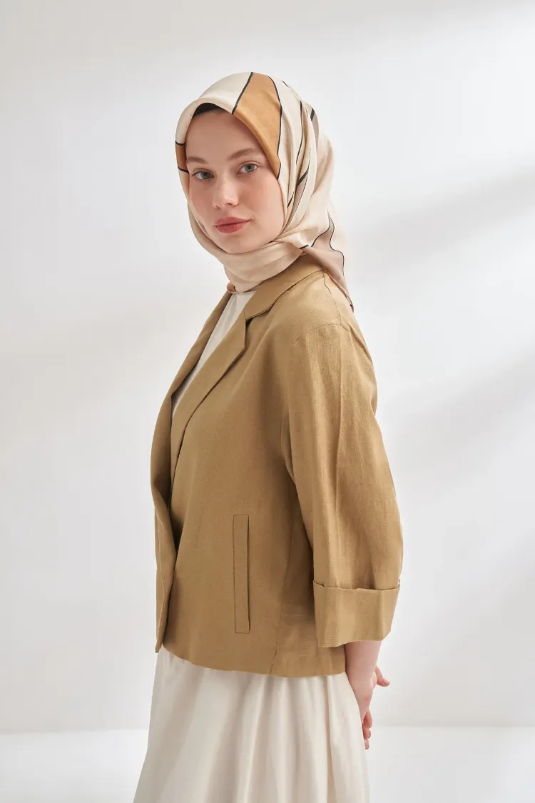 ARMANDA - 4355 İnaya Desen Twill İpek Eşarp - Vizon Kamel
