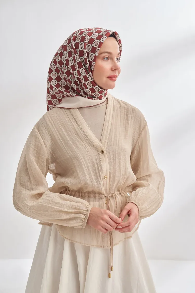 ARMANDA - 4350  Soil Desen Twill İpek Eşarp - Bordo