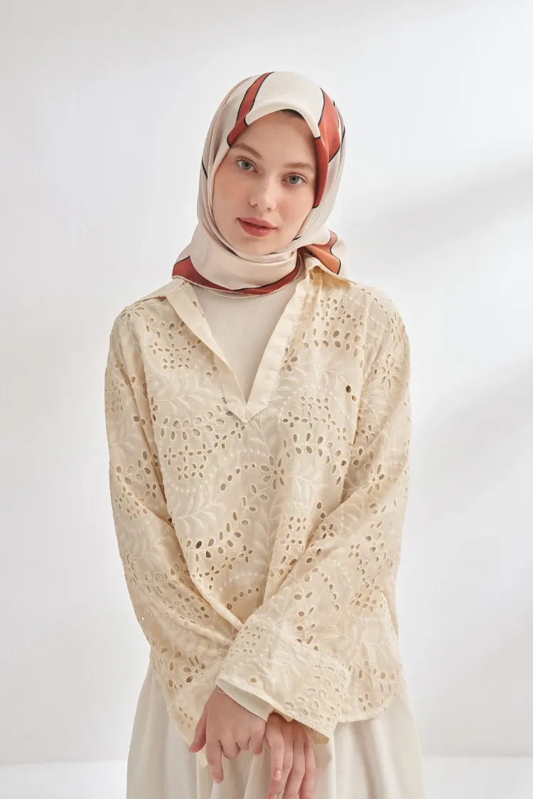 ARMANDA - 4355 İnaya Desen Twill İpek Eşarp - Kiremit