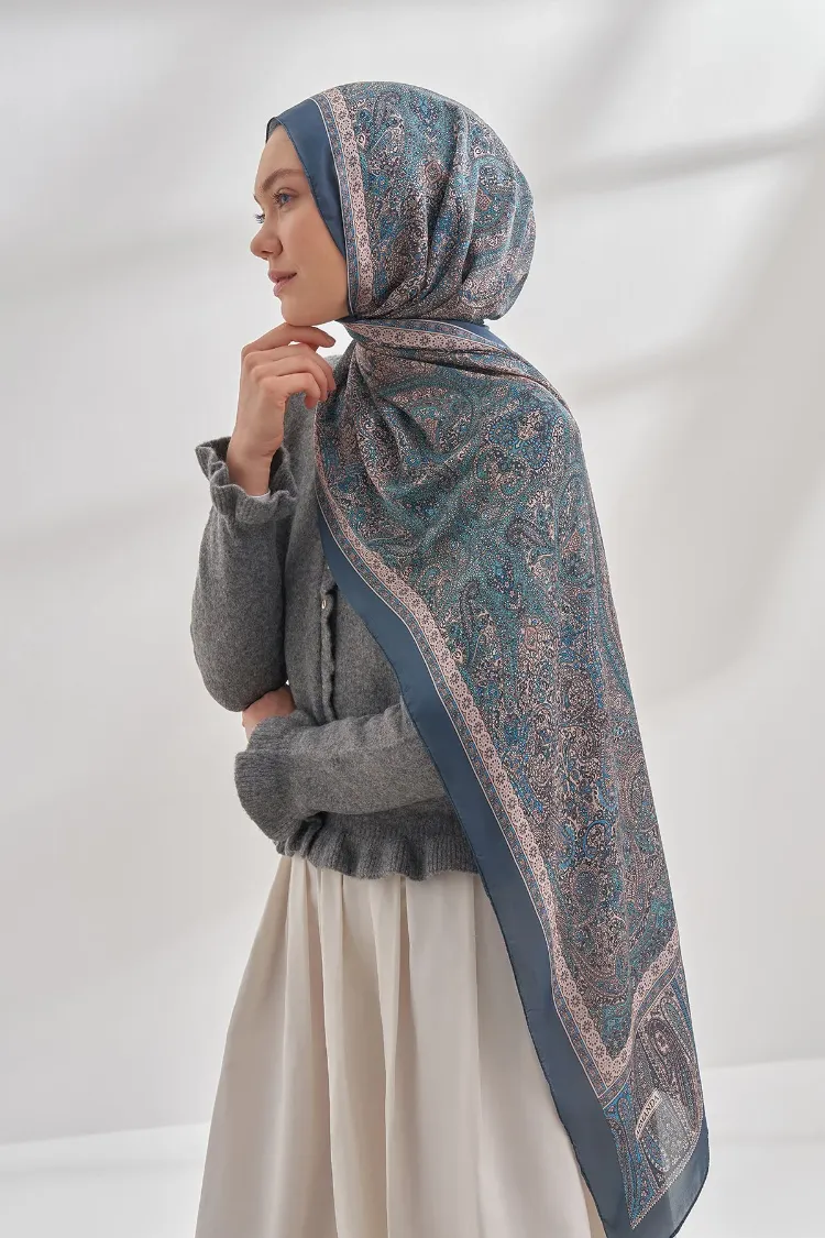 ARMANDA - 6036 Etnik Desen Şal - Lacivert Turkuaz