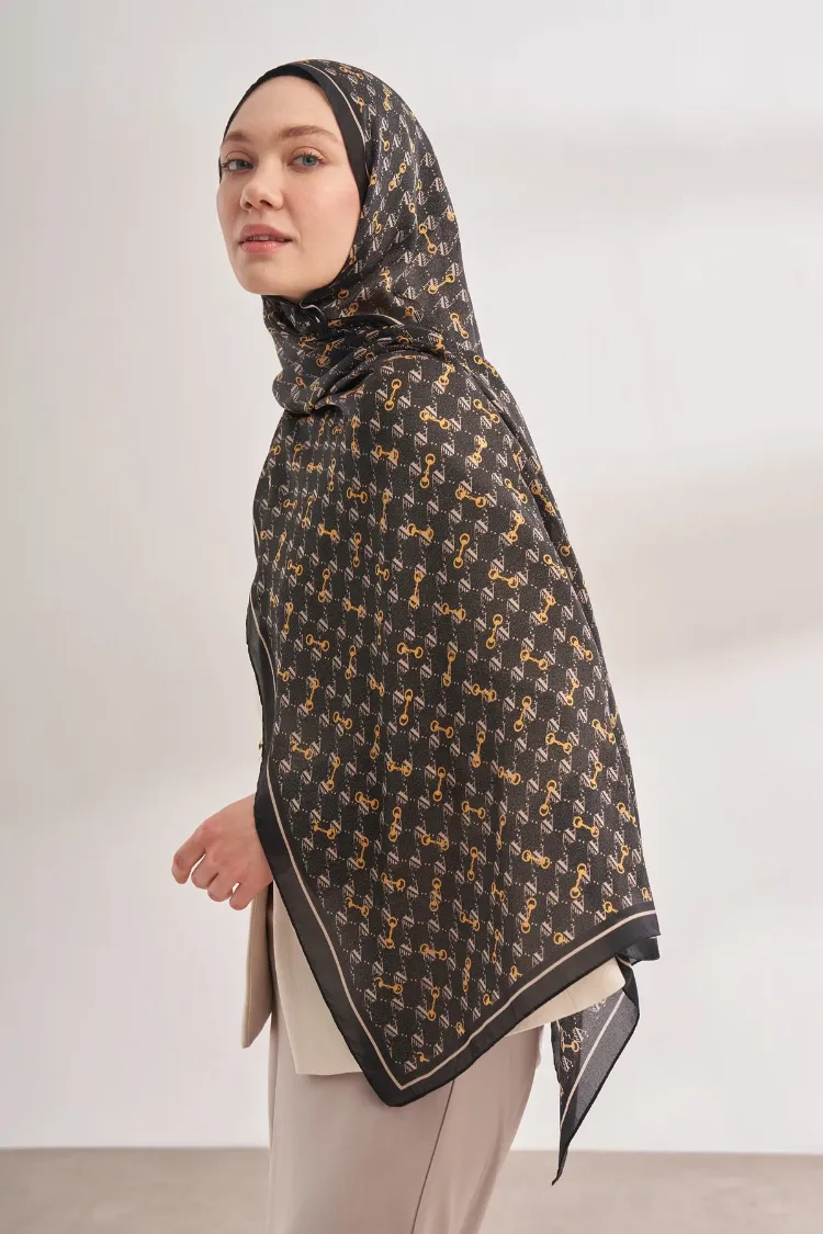 ARMANDA - 3361 Monogram Desen Şal - Siyah - Krem