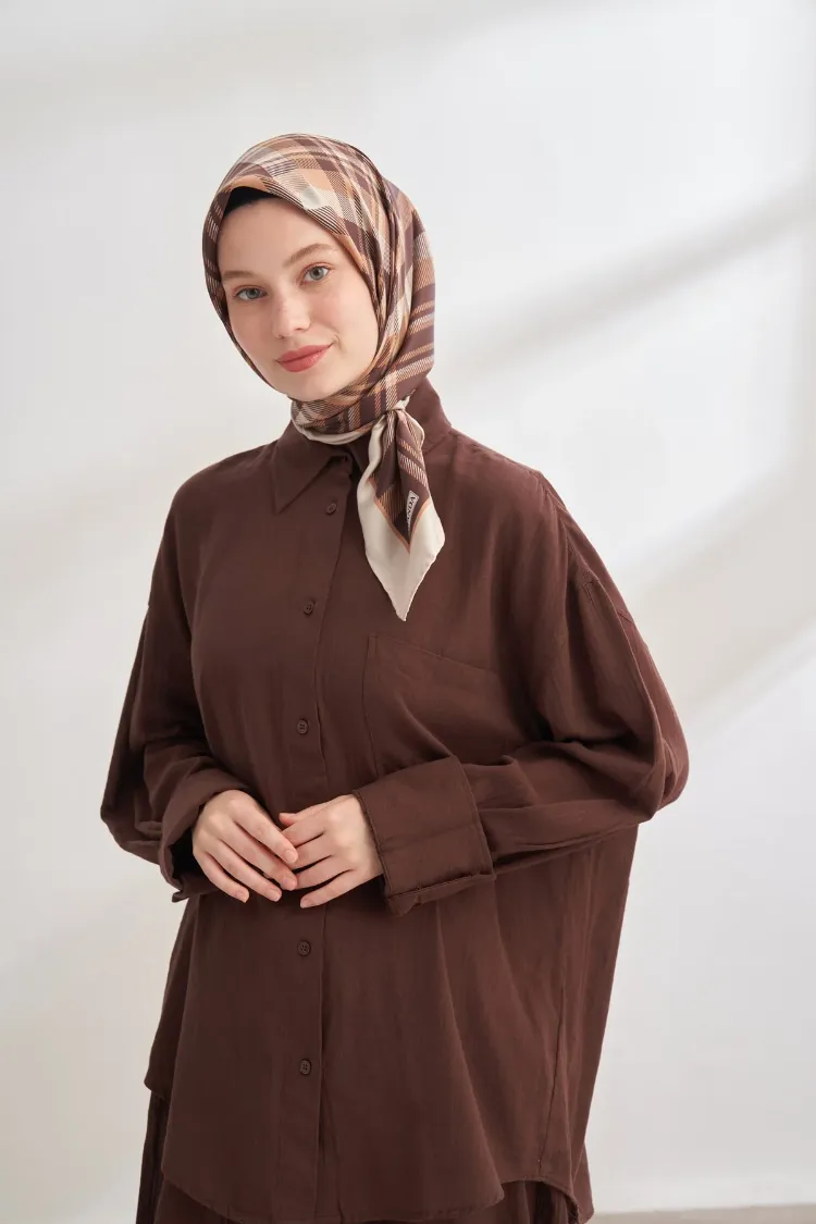 ARMANDA - 4358 Naya Desen Twill İpek Eşarp - Acı Kahve