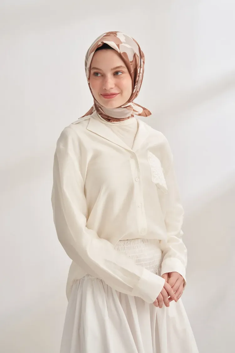 ARMANDA - 4351 Dahlia Desen Twill İpek Eşarp - Kahve