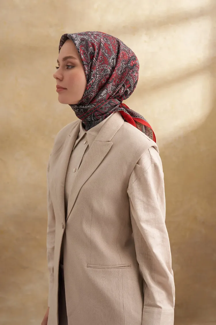 ARMANDA - 3155 Vintage Desen Eşarp - Kırmızı