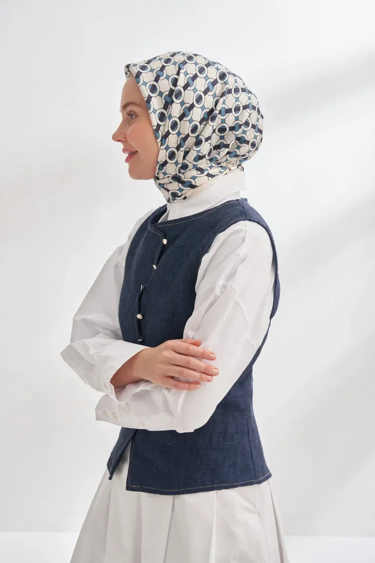 ARMANDA - 4350 Soil Desen Twill İpek Eşarp - Lacivert