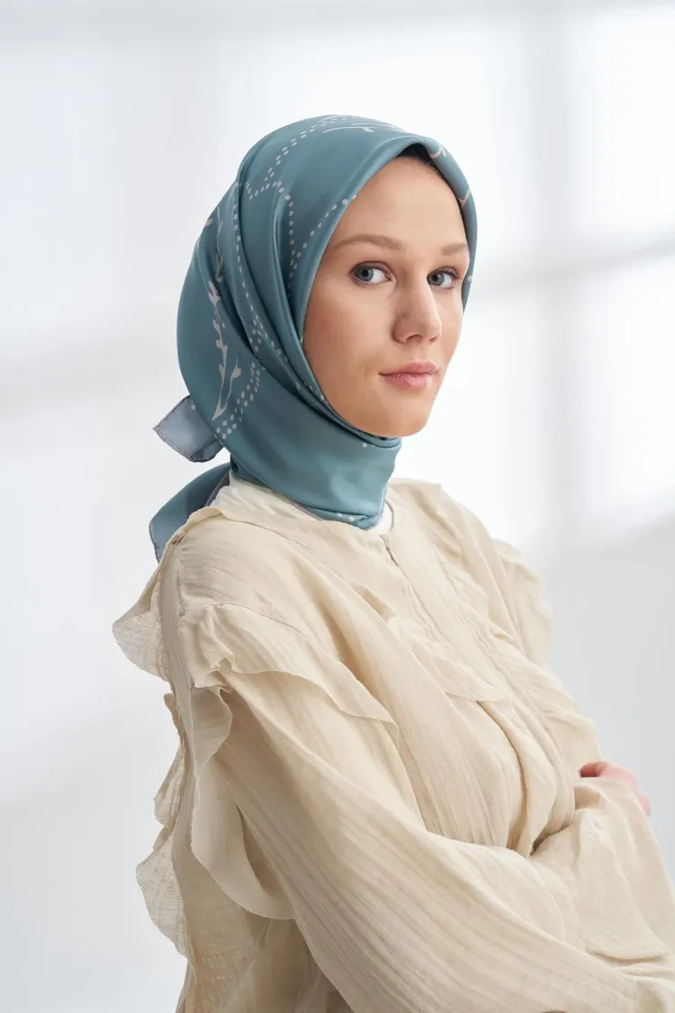 ARMANDA - 4313 Çift Taraflı Muse Desen Twıll İpek Eşarp - Gri-Mentol