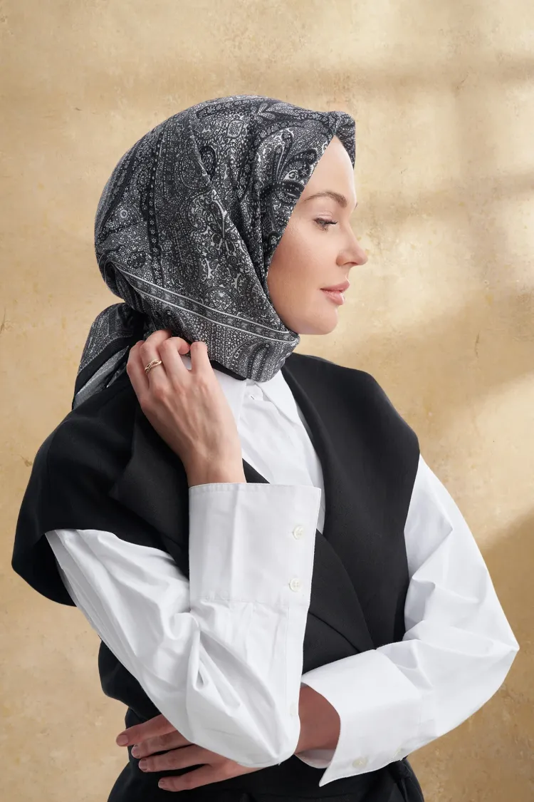 ARMANDA - 3155 Vintage Desen Eşarp - Siyah Gri