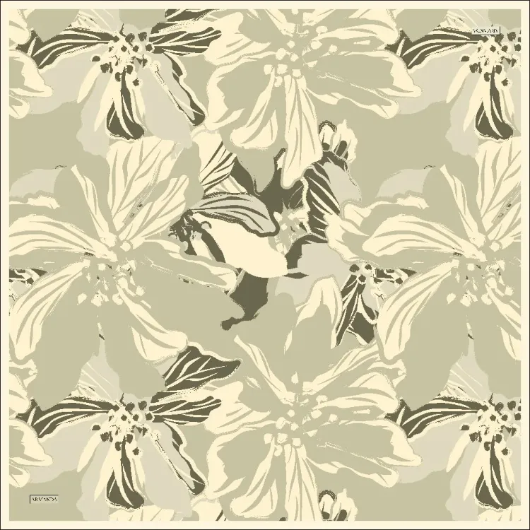 ARMANDA - 4351 Dahlia Desen Twill İpek Eşarp - Çağla Yeşili