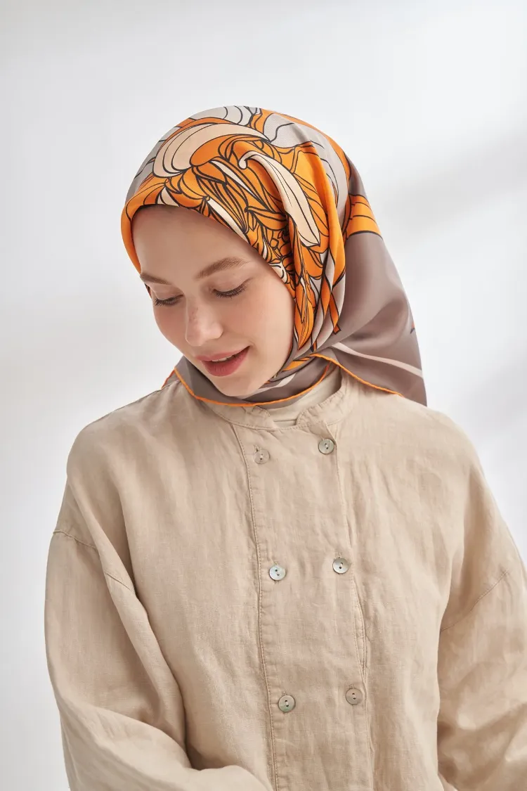 ARMANDA - 4356 Ivory Desen Twill İpek Eşarp - Vizon Orange