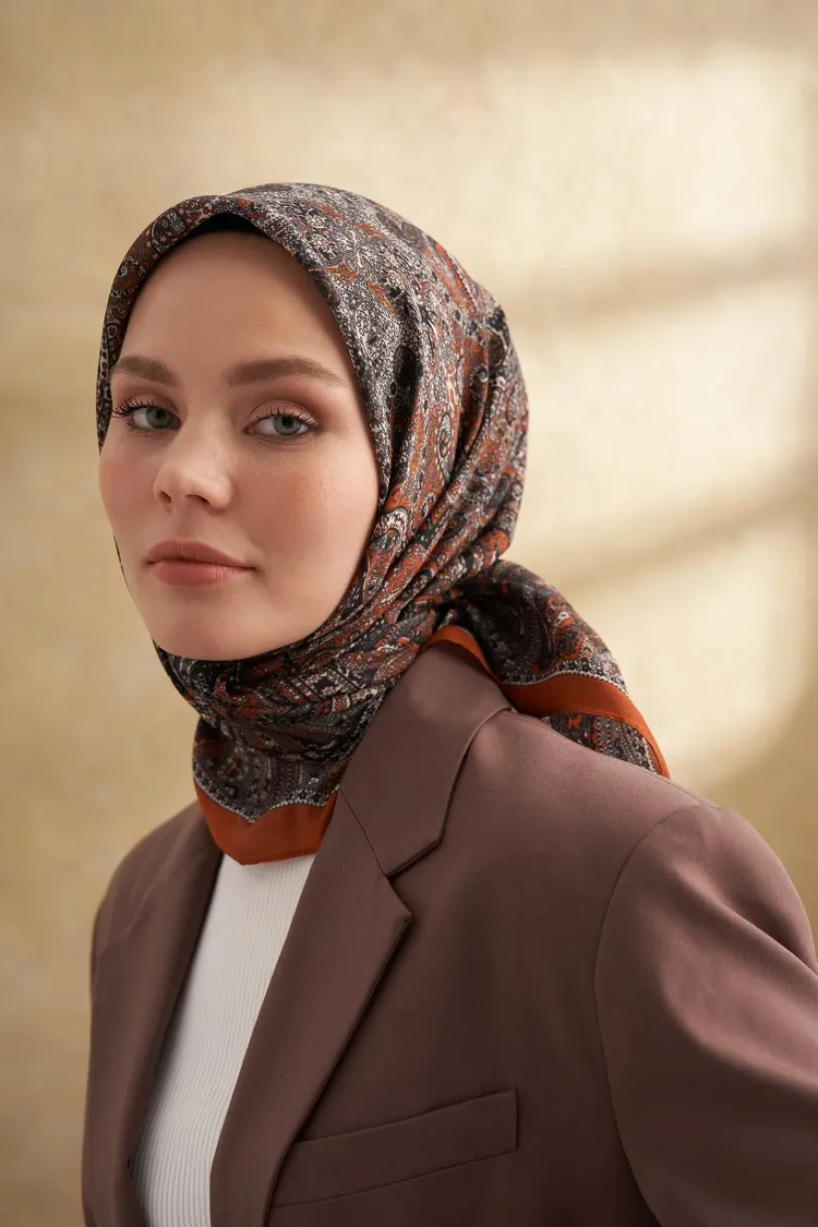 ARMANDA - 3155 Vintage Desen Eşarp - Taba