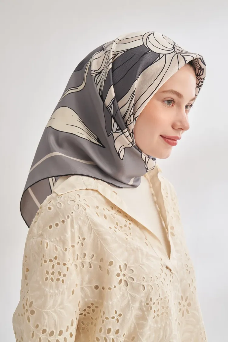 ARMANDA - 4356 Ivory Desen Twill İpek Eşarp - Gri