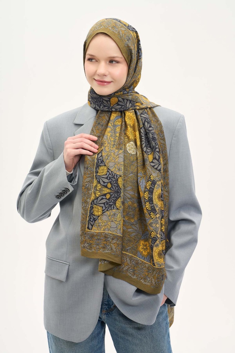 SİLK HOME - Urban Hours Floral Motif Desen Olive Mayda Şal 190x70