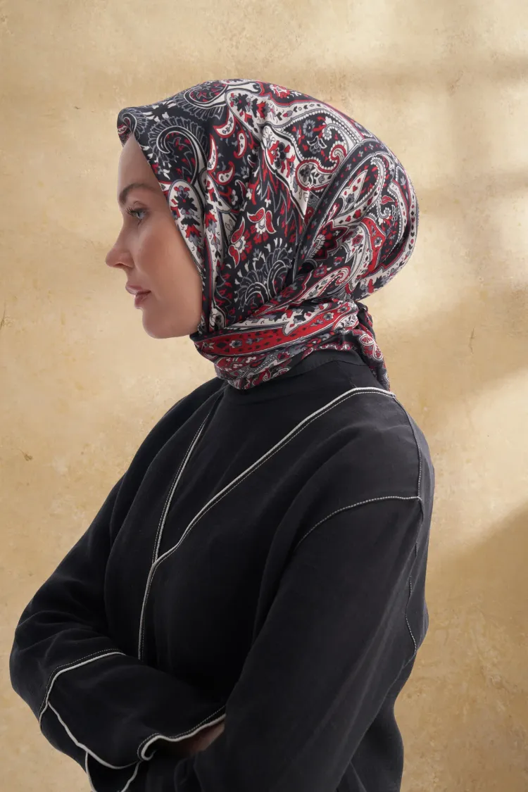 ARMANDA - 3153 Bahia Desen Eşarp - Siyah Kırmızı