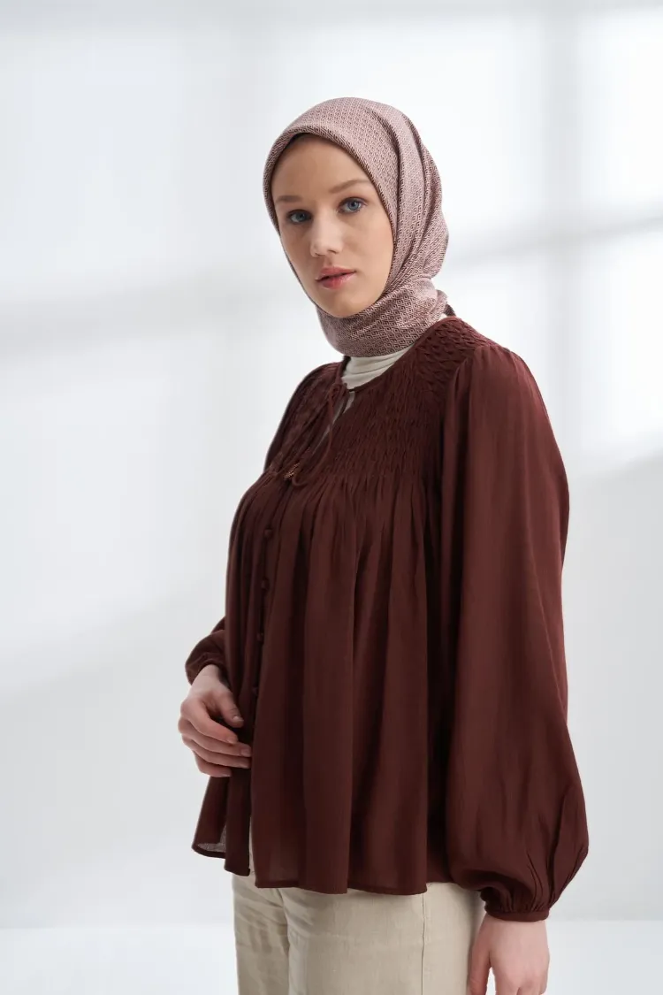 ARMANDA - 4303 NOIRE DESEN TWILL İPEK EŞARP - Kızıl Kahve