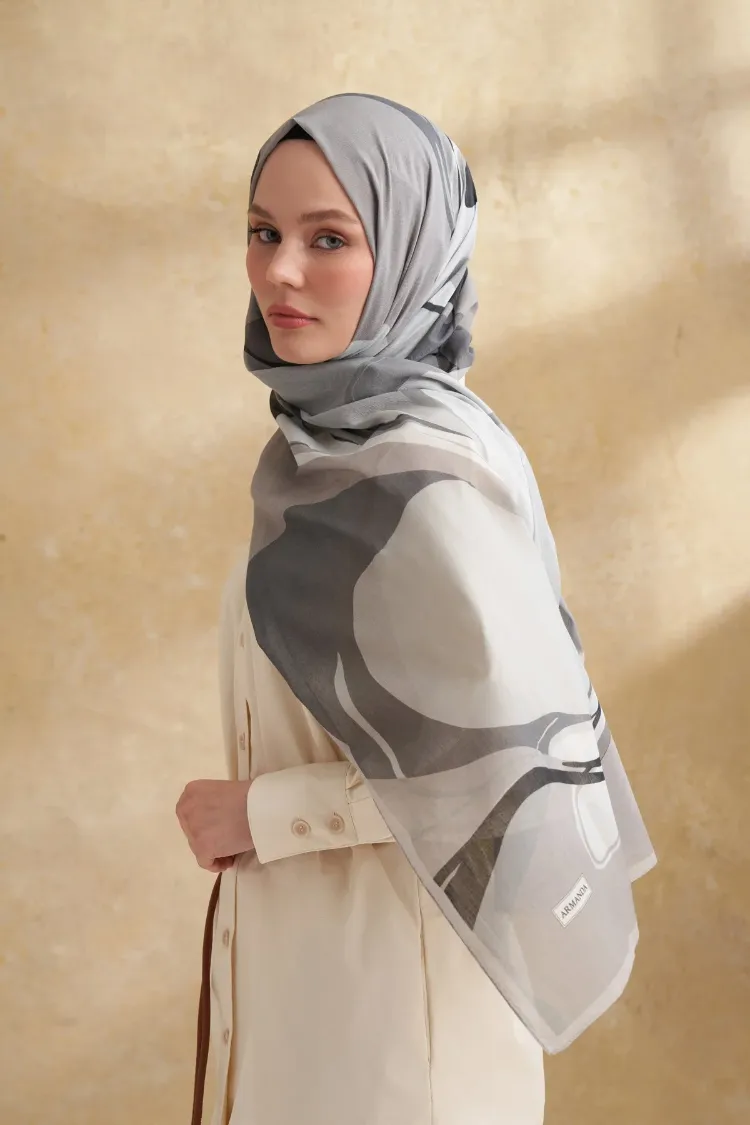 ARMANDA- 3383 İpek Pamuk Sarah Desen Şal - Gri Füme