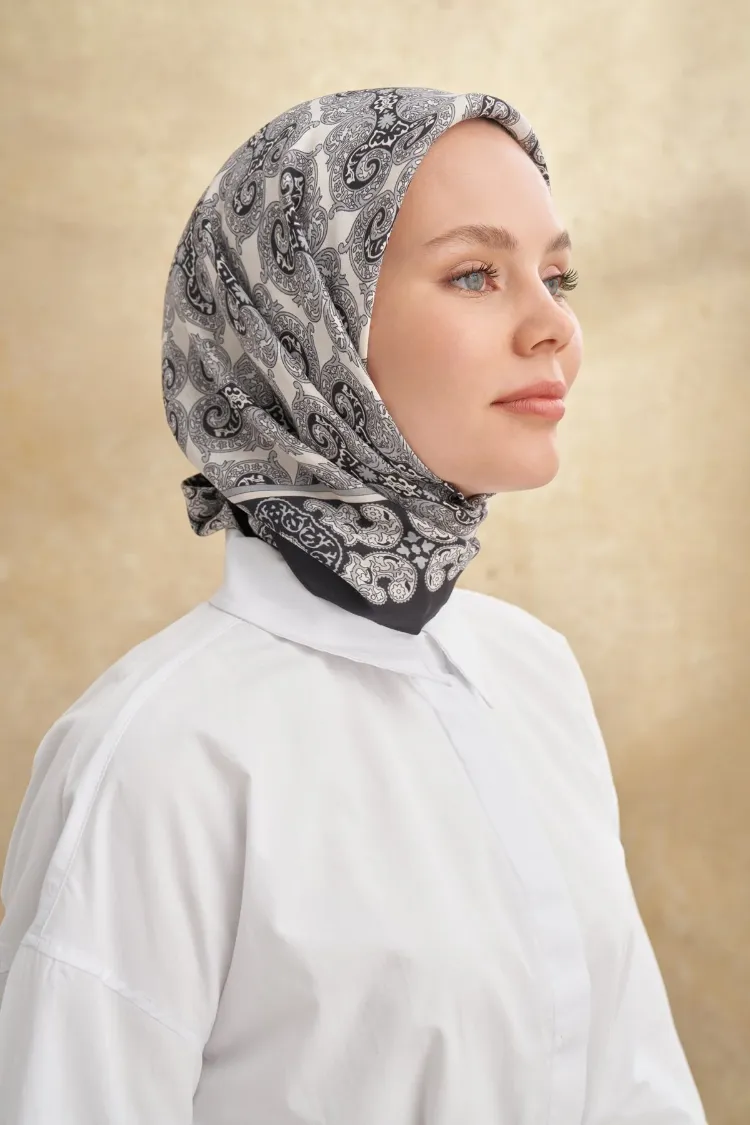 ARMANDA - 3151 Gaina Desen Eşarp - Siyah Gri