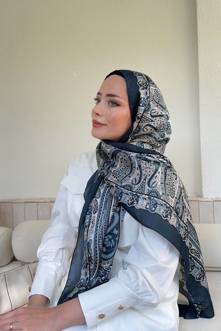 ARMANDA - 6035 Pashmina Desen Şal - Lacivert Krem