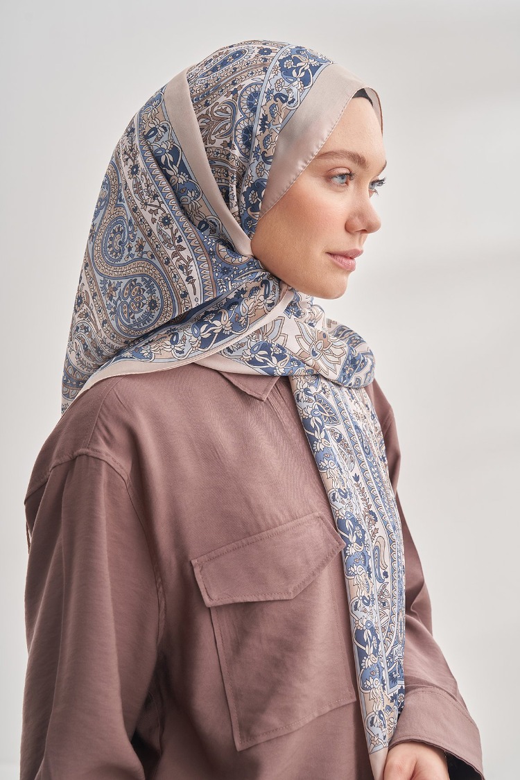 ARMANDA - 6035 Pashmina Desen Şal - Krem Mavi