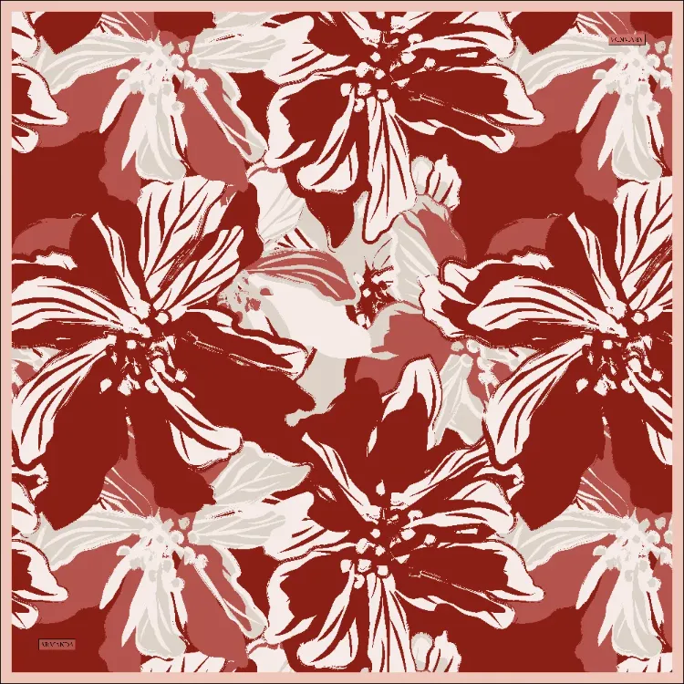 ARMANDA - 4351 Dahlia Desen Twill İpek Eşarp - Bordo