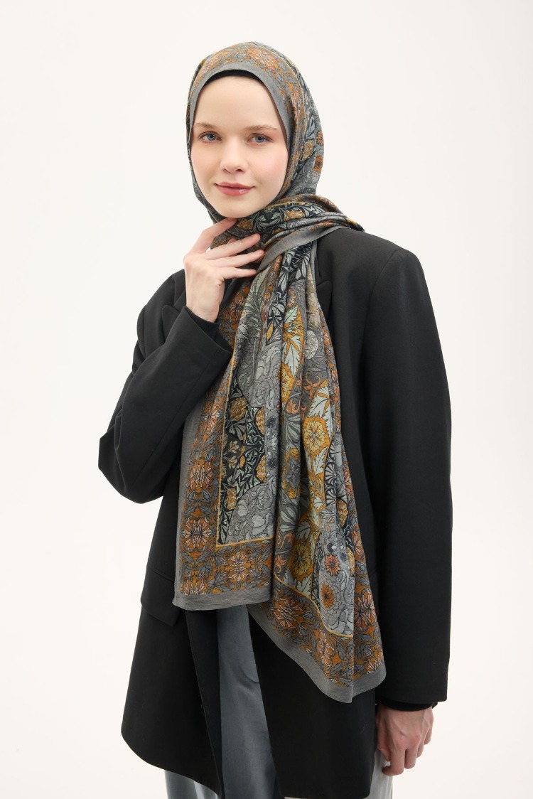 SİLK HOME - Urban Hours Floral Motif Desen Gri Mayda Şal 190x70