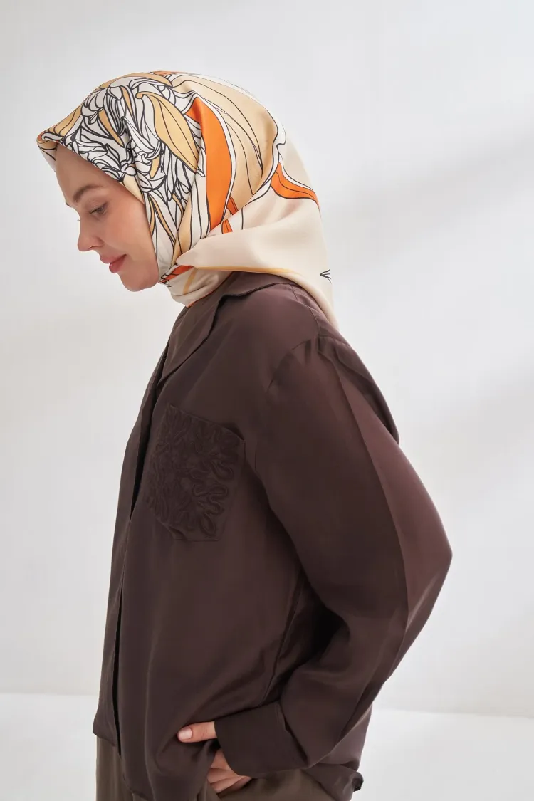 ARMANDA - 4356 Ivory Desen Twill İpek Eşarp - Bej Orange