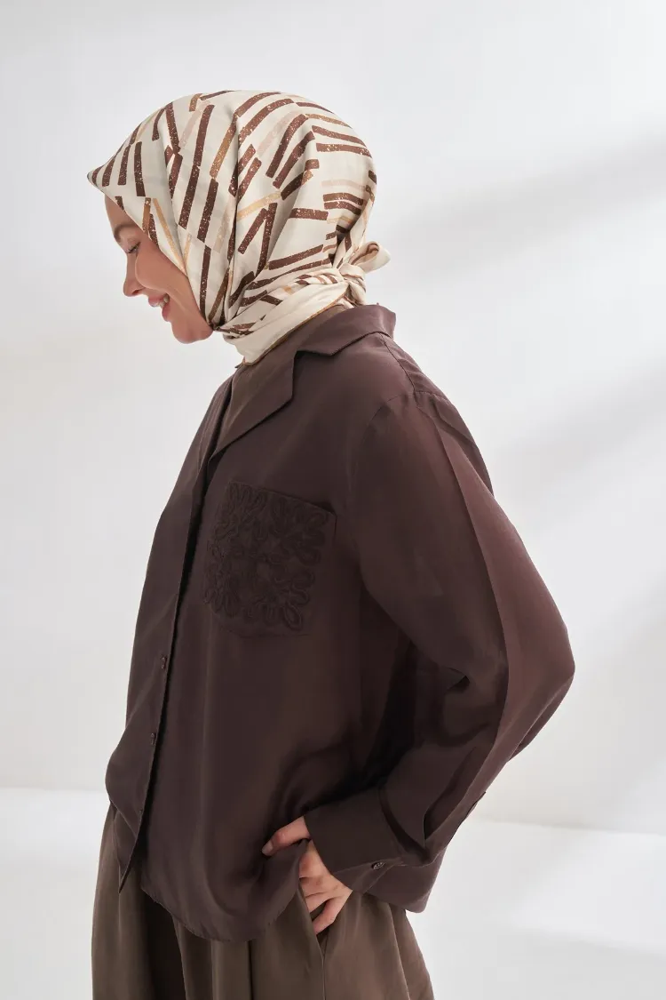 ARMANDA - 4353 Rora Desen Twill İpek Eşarp - Kahve