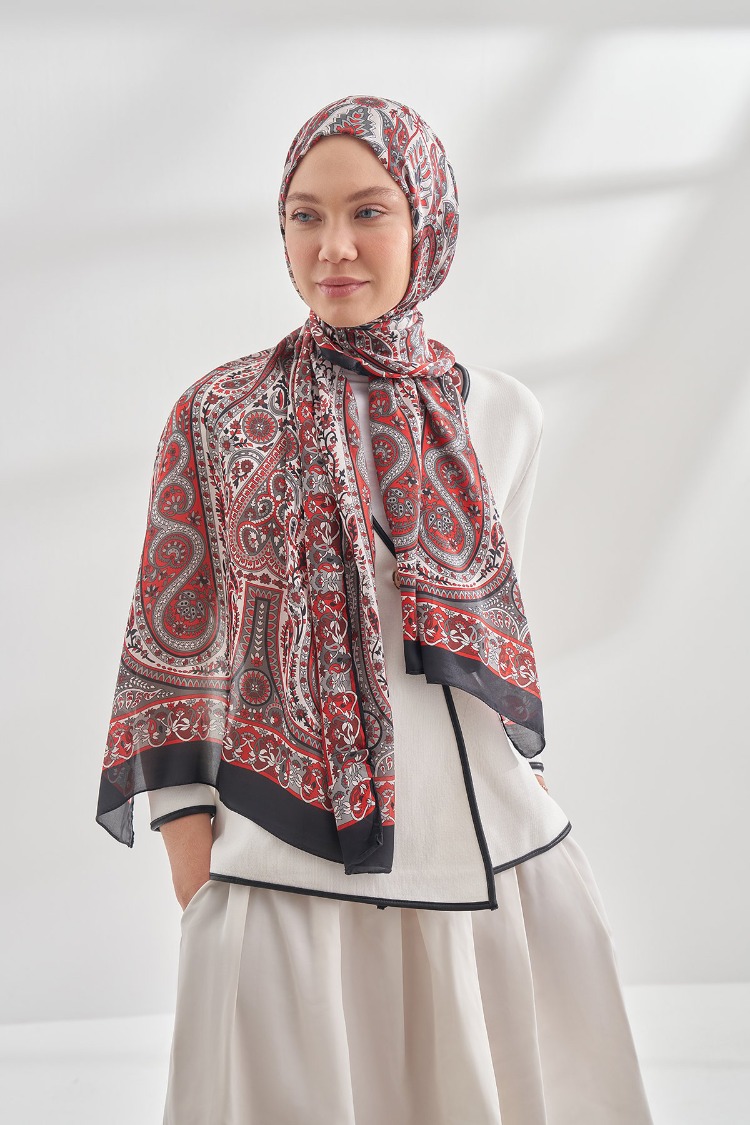 ARMANDA - 6035 Pashmina Desen Şal - Siyah Kırmızı