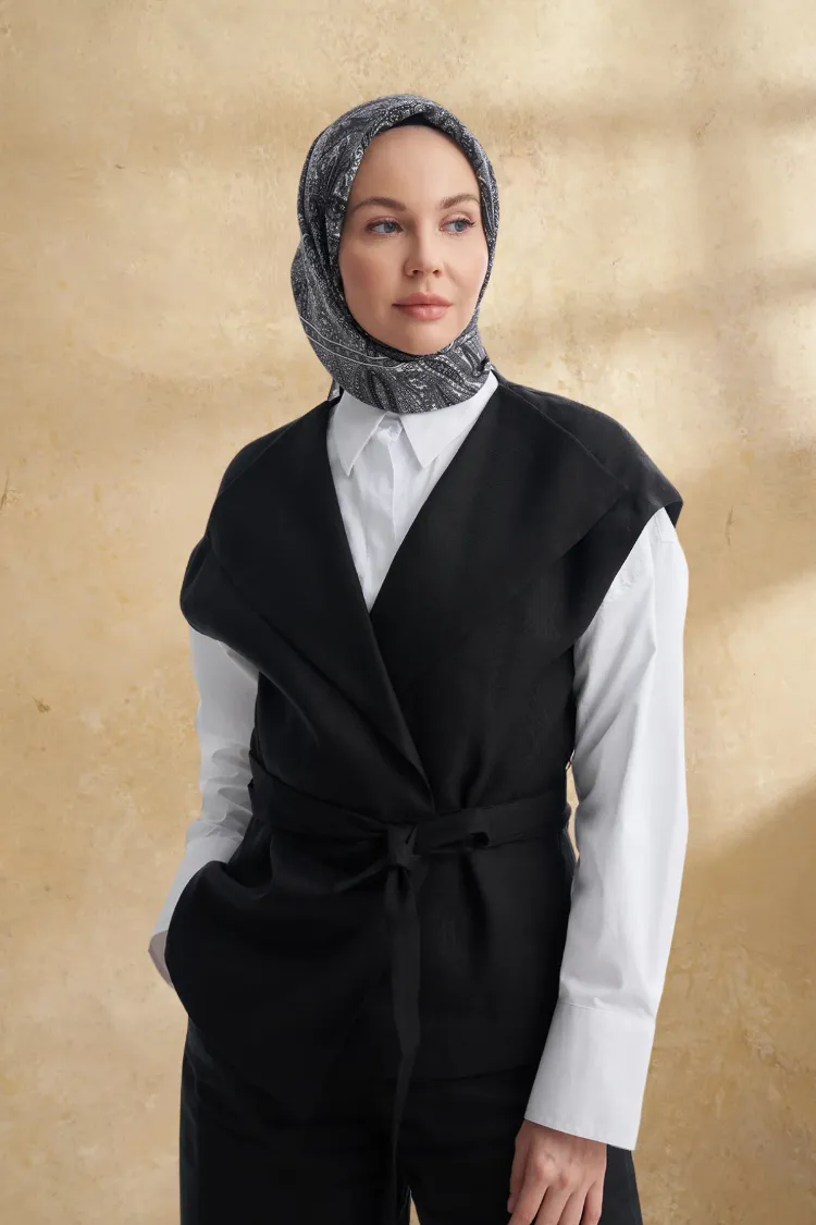 ARMANDA - 3155 Vintage Desen Eşarp - Siyah Gri