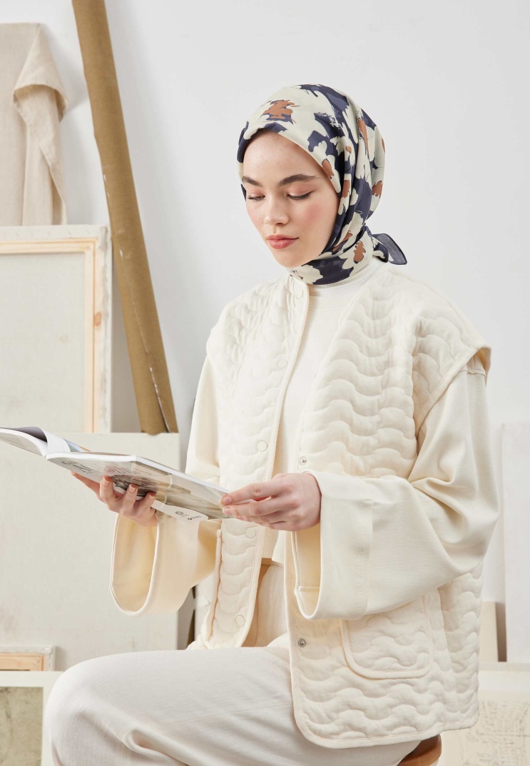 Fresh Scarfs - Multi Flower Desen Pamuk İpek Eşarp - Lacivert