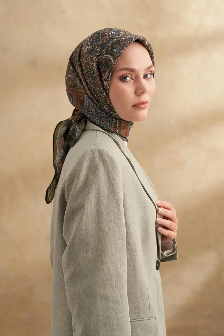 ARMANDA - 3155 Vintage Desen Eşarp - Haki