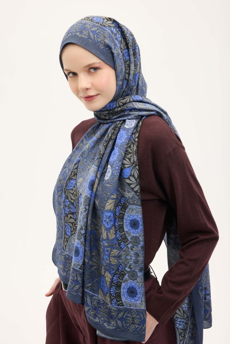 SİLK HOME - Urban Hours Floral Motif Desen Indigo Mayda Şal 190x70