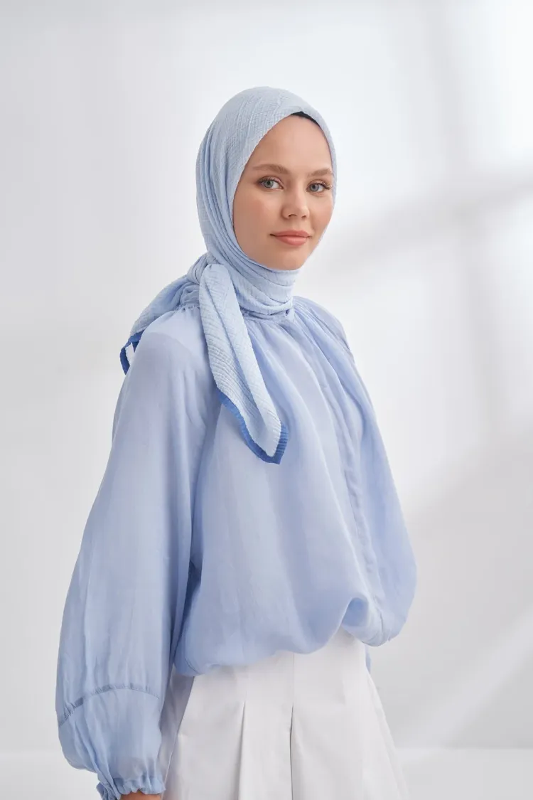 ARMANDA - 3353 Müslin Biyeli Eşarp - Bebe Mavisi