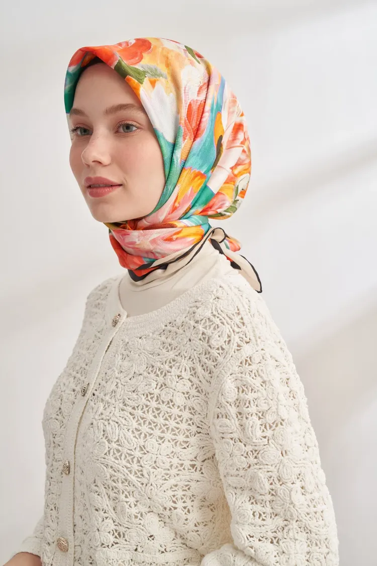 ARMANDA - 4359 Abstract Bloom Desen Twill İpek Eşarp - Pembe