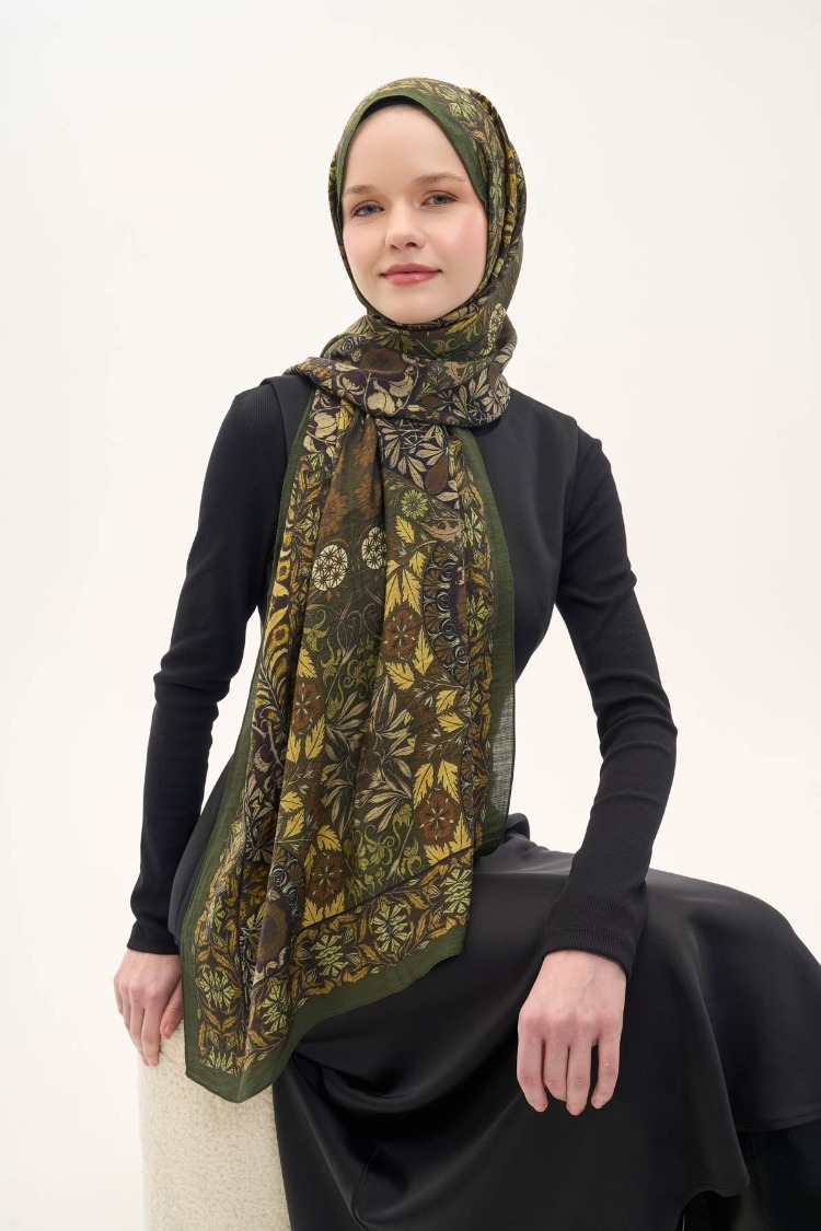 SİLK HOME - Urban Hours Floral Motif Desen Asker Yeşili Mayda Şal 190x70