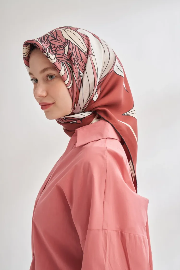 ARMANDA - 4356 Ivory Desen Twill İpek Eşarp - Bordo